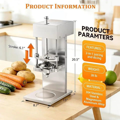 Heavy Duty 2 In 1 Electric French Fry Cutter Juicer Press Automatic Dicer With 3 Blades For Potatoes Carrots Cucumbers Citrus on kitchen counter.