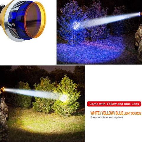 Beast Mode Bright 90000 Lumen Hunting Headlamp With 9 Core Wide Beam illuminating outdoors with blue and yellow lenses display