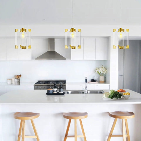 Gold Pendant Light Fixture With Brushed Brass Finish, 1 Light Modern Linear Chandelier over kitchen island