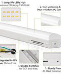 2 Ft Linkable LED Shop Light With Switchable 15 20 25W CCT 3500K 4000K 5000K 130 Lumens Per Watt No Fuss Warehouse Grade Strip Light Dimmable Via Zero To Ten Volt Control 2 Pack with annotated features, including long-life LEDs, PC cover, O-10V driver, double switches, and sturdy frame.