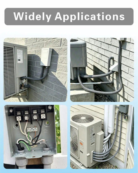 Hustle Ready 3/4 Inch Liquid Tight Flexible Electrical Conduit Kit With 6 Foot Nonmetallic PVC Conduit used in outdoor HVAC installations.