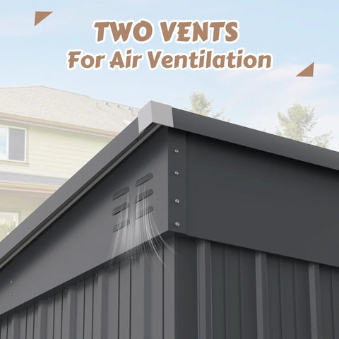 Close-up of the 6x10 Ft Outdoor Storage Shed Galvanized Metal With Lockable Door And Vents Weatherproof Garden Patio Backyard