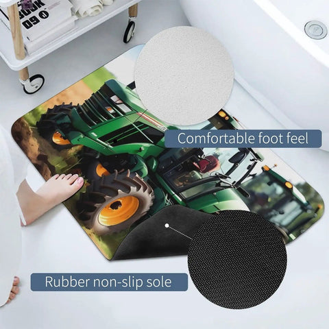 Go-To Farm Tractor Style Diatom Mud Quick Dry Bath Mat on bathroom floor, showing rubber non-slip sole and comfortable foot feel.