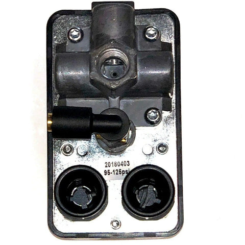 Front view of Air Compressor Pressure Switch With Four Port Unloader And On Off Knob 95 To 125 PSI Cut In Out One Pole One Quarter Inch Quick Connect Fitting For Check Valve Unloader Line 26 Amp For Pro Shop Use.