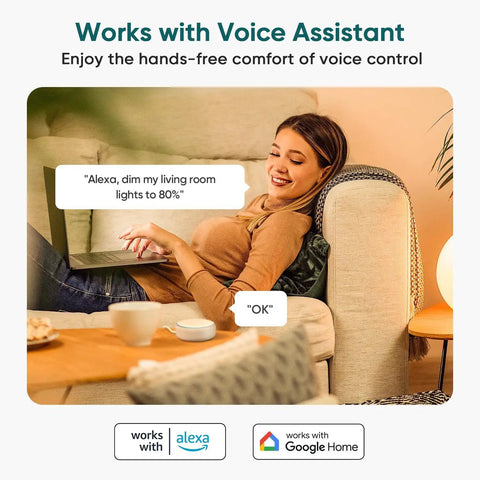 Hella Smooth WiFi Smart Dimmer Switch For Single Pole Wiring with a woman using voice control on a laptop at home.