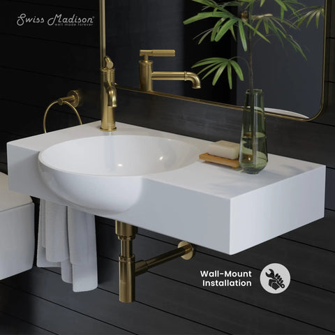 Chateau 30 Inch Wall Mount Bathroom Sink With Left Side Faucet, durable white ceramic, installed with modern design and gloss finish.