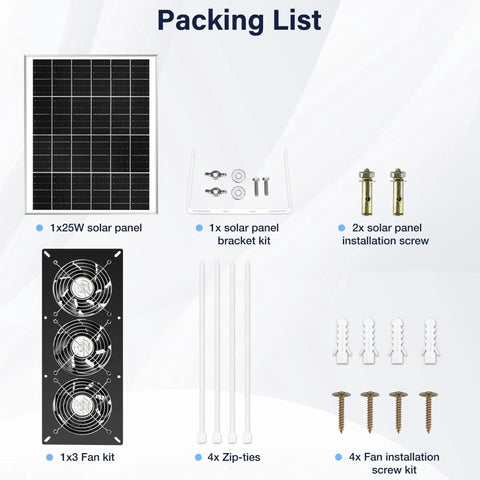 Solar Powered 3 Fan Kit For Outdoor Chicken Coop Greenhouse And Shed Waterproof Air Intake Or Exhaust Fans High Flow Easy Install Weatherproof Outdoor Ventilation System packing list
