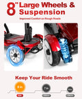 Red four-wheel mobility scooter, front and side close-up views, featuring 8-inch wheels and blue suspension coil.