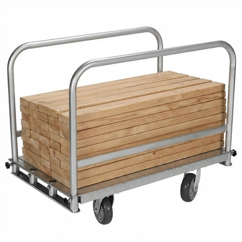 Heavy Duty Steel Platform Truck With Four Swivel Casters And Triple Handles Holding Up To 2500 Lbs, loaded with wooden planks.