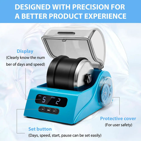 All In One Rock Polisher Kit With Noise Reducing Cover Variable Speed And Timer Includes Four Polishing Grits Rough Gemstones Learning Guide And Blue Finish For Hands On Gem Hobbyists with digital display and protective lid