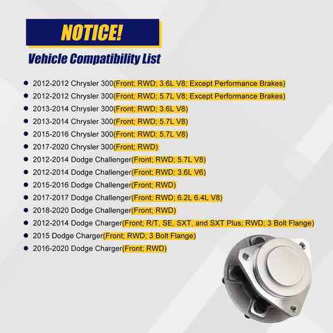 Compatibility list for Front Wheel Bearing And Hub Assembly For Chrysler 300 And Dodge Challenger 2012 2020 With 5 Lug Bolts And ABS Replacement Part Plug And Play Ready OEM Grade Quality Durable Construction For Smooth Ride And Easy Install