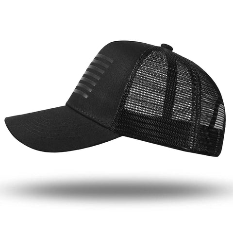 Side view of American Flag Trucker Hat Snapback For Men And Women Unisex Breathable Mesh Sides Adjustable Fit Casual Everyday Wear Dope Patriotic Cap Black On Black