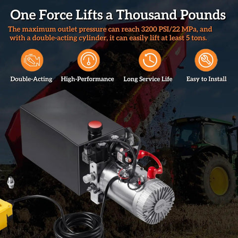10 Quart Double Acting Hydraulic Pump Power Unit for Dump Trailers and Heavy Machinery, showing metal reservoir