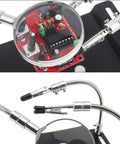 Close-up of Magnetic Helping Hands Soldering Station with 4 Magnetic PCB Clamps, 3X Magnifying Glasses, red circuit board view