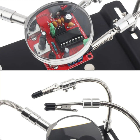 Close-up of Magnetic Helping Hands Soldering Station with 4 Magnetic PCB Clamps, 3X Magnifying Glasses, red circuit board view