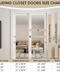 Sliding closet doors size chart showing panel dimensions for Heavy Duty 60 By 80 Inch White Preassembled Mirror Closet Door.