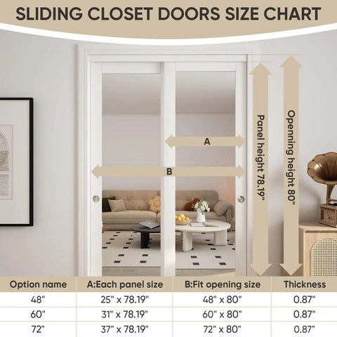 Sliding closet doors size chart showing panel dimensions for Heavy Duty 60 By 80 Inch White Preassembled Mirror Closet Door.