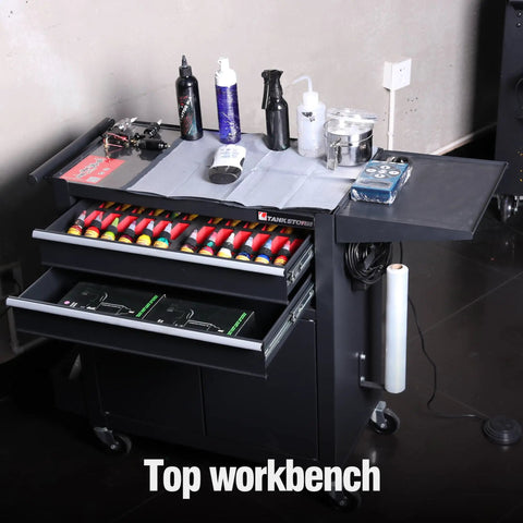 Rolling Tattoo Workstation Cart With Two Lockable Drawers On Wheels Metal Tool Chest With Cabinet And Side Trays Mobile Workbench