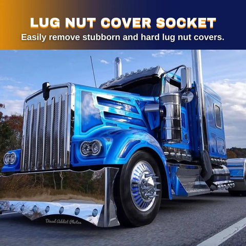 Blue semi truck with chrome detailing showcasing a Beefy Heavy Duty Lug Nut Cover Remover Socket 33 mm for semi trucks.