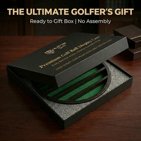 32 Ball Golf Display Case Wall Mounted Moon Shelf in Dark Brown Finish packaging on table, open to reveal green felt interior.