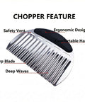 Front view of stainless steel crinkle chopper with black and yellow ergonomic handle; wavy blade potato slicer.