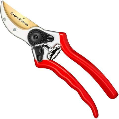 8.5 Inch Titanium Bypass Pruning Shears For Gardening With Japanese Grade High-Carbon Steel Blades, red ergonomic handle