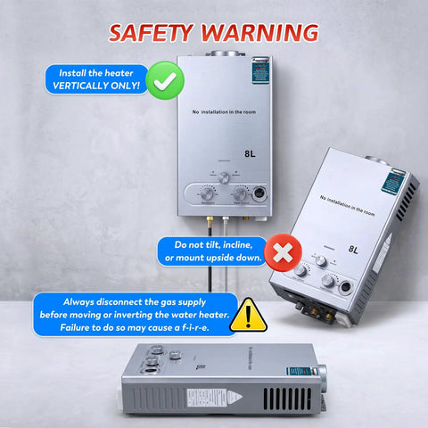 Safety warning for Ultra Lightweight Killer 8 Liter Portable Propane Water Heater With 2.11 GPM Tankless Flow and Crisp Digital Display.