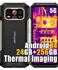 Kickass 5G Rugged Champ With Built-In Thermal Scanner And Sharp Night Vision Lens, Smooth 6.78 Inch FHD Plus Display Packing 24GB RAM And 256GB Vault, Android 14 Unlocked Powerhouse With Hefty 10600mAh Juice And Quick Wireless Charging, showing thermal imaging on the display.