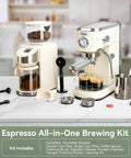 Top Shelf 20 Bar Espresso Machine With Built In Conical Burr Anti Static Grinder For Rich Crema And Powerful Milk Frothing System For Real Deal Home Barista Setup on a kitchen counter with coffee accessories.