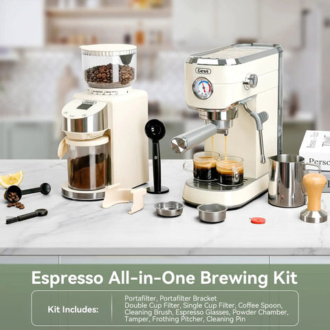 Top Shelf 20 Bar Espresso Machine With Built In Conical Burr Anti Static Grinder For Rich Crema And Powerful Milk Frothing System For Real Deal Home Barista Setup on a kitchen counter with coffee accessories.