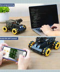 Robot Car Kit With Raspberry Pi 5 AI Vision HD Camera And Python Open Source DIY Fun For Teens And Grownups, TurboPi Standard Kit With ROS2 And ChatGPT Voice Interaction For Real World AI Robotic Projects shown with laptop Python programming and smartphone app control.