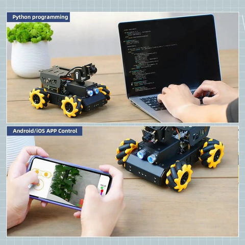 Robot Car Kit With Raspberry Pi 5 AI Vision HD Camera And Python Open Source DIY Fun For Teens And Grownups, TurboPi Standard Kit With ROS2 And ChatGPT Voice Interaction For Real World AI Robotic Projects shown with laptop Python programming and smartphone app control.