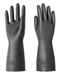 Heavy Duty Rubber Chemical Resistant Gloves Crafted For Nitty Gritty Cleaning And Toughest Safety Tasks Featuring Diamond Grip Pattern For Better Control On The Job In Large Single Pair, black rubber gloves shown from front and back.