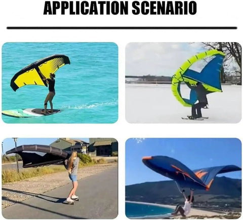 Inflatable Surfboard For Windsurfing And Wing Surfing With Totally Portable Handheld Foil Wing Kite For Water Sports And Snow Ski Surfing Lightweight Setup Ready For Quick Play And Easy Water Action showcasing four outdoor environments.