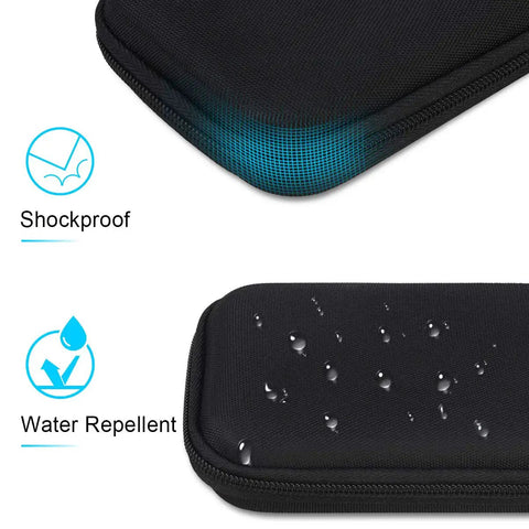 Hard EVA Carrying Case For Samsung T7 Shield T7 And T7 Touch Portable SSDs 500GB Through 4TB USB 3.2 External Solid State Drives, showing shockproof and water repellent features.