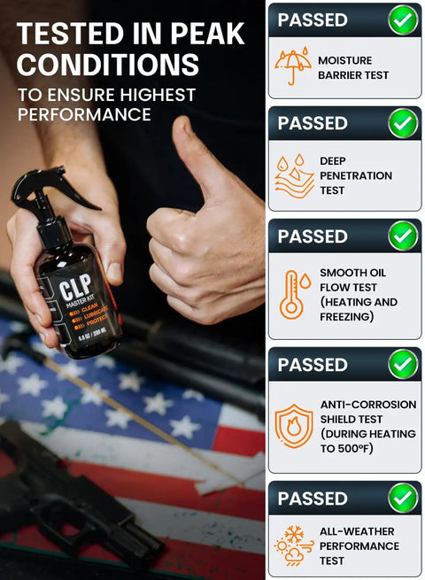 All In One Gun Cleaning Kit That Cleans Lubes And Protects All Moving Parts With A 6.8 Oz Sprayer in hand with thumbs up, tests passed.