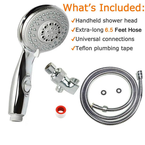 Go To Handheld Shower Head With On Off Switch 5 Spray Settings 6.5 Foot Extra Long Hose High Pressure Water Flow Bathroom Faucet Kit