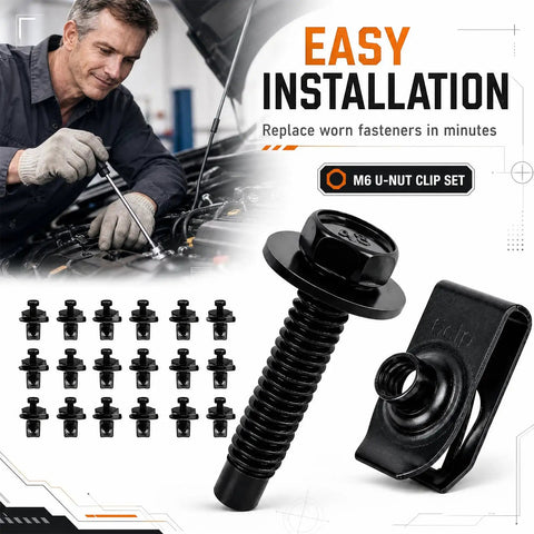 Shop Tough 100 Piece Auto Bolt And U Nut Kit With Pro Grade M6 1.0 Hex Head Screws, Extruded U Nuts And Rust Proof Clips For Fender Liners, Bumper Guards And No Fuss Underbody Fasteners with black screws and clips.