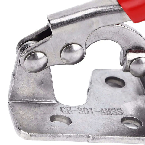 Close-up of stainless steel mechanism of One Hand Quick Release Toggle Clamp In Stainless Steel With 99.2 Lb Clamping Force And A Push Pull Design