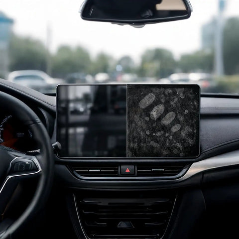 Car dashboard with split-screen showing clean and fingerprint-marked sides using 2 Pack Car And Device Screen Cleaner Spray And Wipe 2 In 1 Touchscreen Mist Cleaner For iPhone iPad Laptop MacBook And More With Microfiber Cloth Streak Free Fingerprint Remover Grey And Rose Gold.