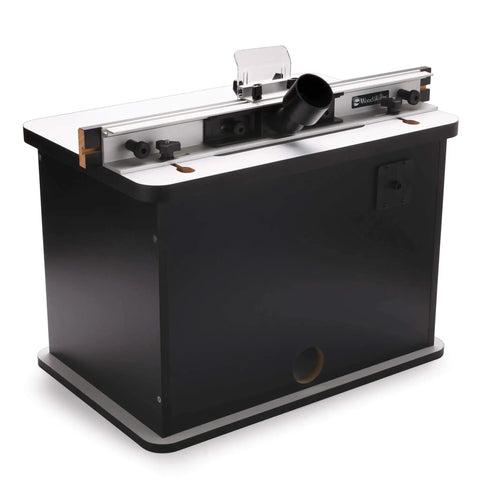 Heavy Hitter Benchtop Router Table Decked Out With A Beefy 24 Inch Laminate Top, Precision Tuned Aluminum Fence showing design and side angle.