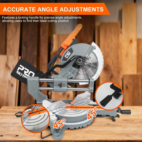 Professional Grade 10 Inch Double Bevel Sliding Compound Miter Saw With A Bulletproof 15 Amp Motor And Smooth 5000 Rpm Cutting Action For Precision Woodwork And Home Garage Grinds showing accurate angle adjustments at 45 degrees.