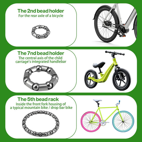12 Piece Bike Wheel Ball Bearings And Retainer Cages Set In Three Sizes shown with bicycle applications and descriptions