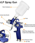 HVLP Gravity Feed Spray Gun Set With Locking Regulator Gauge, detailed view showing nozzle, trigger, and control settings.