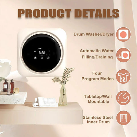 Hella Compact Two In One Washer And Dryer Combo With Bright Lcd Panel and Heavy Duty Barrel mounted on wall with touchscreen display.