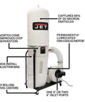 Heavy Duty Vortex Cone Dust Collector With 30 Micron Filter And 2 Horsepower Motor Pulls A Smooth 1200 Cubic Feet Per Minute For Garage Shops Using Quick Snap Collection Bags, showing components and features.