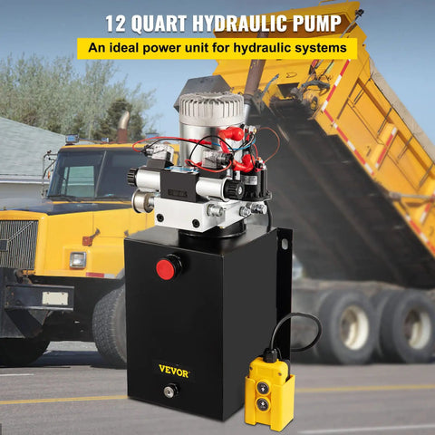 Beefy 12V DC Hydraulic Pump Dual Acting Unit With 11.4L Tank And Brass Gauge for dump trucks and trailers, yellow remote