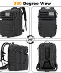 Rugged 45L Tactical Backpack Water Resistant MOLLE EDC Pack in black, 360-degree view showing different sides and details.