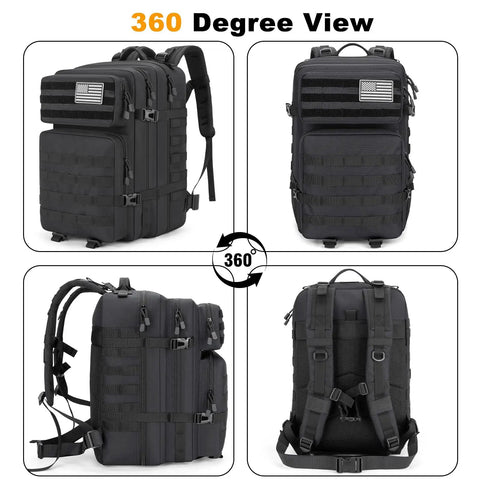Rugged 45L Tactical Backpack Water Resistant MOLLE EDC Pack in black, 360-degree view showing different sides and details.