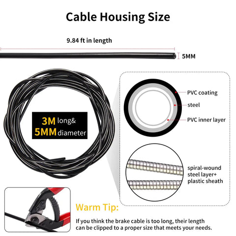Diagram of Heavy Duty Brake Cable Housing For Mountain And Road Bikes Lined 5mm By 3 Meters Black Durable Rubber Outer Premium Spiral Steel Wires Inner PVC